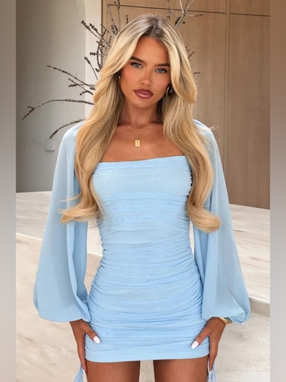 Amazon ChicMe Light Blue Ruched Dress with Mesh Sleeves